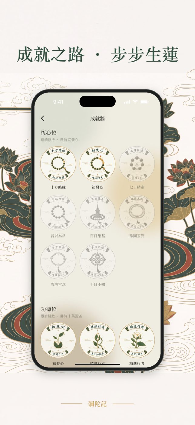 成就牆 — 功德位與恆心位，步步生蓮